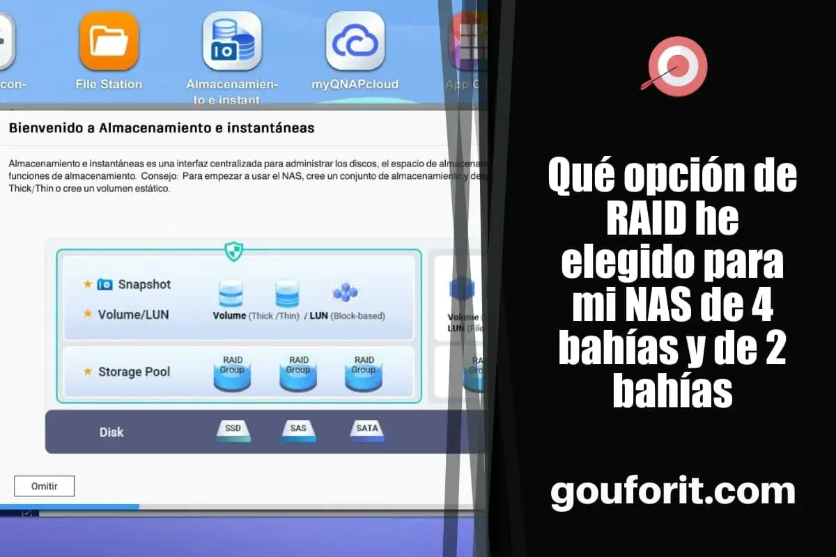 Interfaz de gestión de almacenamiento NAS, mostrando opciones de RAID. El texto pregunta: "Qué opción de RAID he elegido para mi NAS de 4 bahías y de 2 bahías".