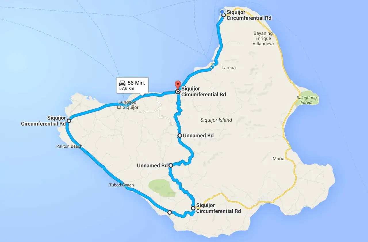 Route von Cebu nach Siquijor über die Inselstraße. 57,8 km, 56 Min. Fahrt.