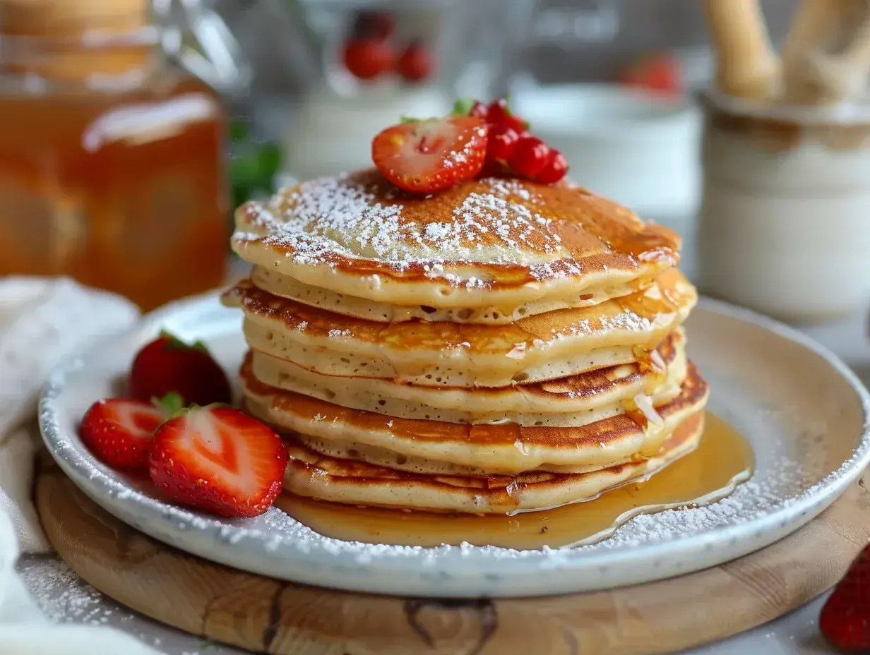 En hög med fluffiga pannkakor, toppade med färska jordgubbar och pudersocker. Serveras med sirap och yoghurt istället för mjölk.