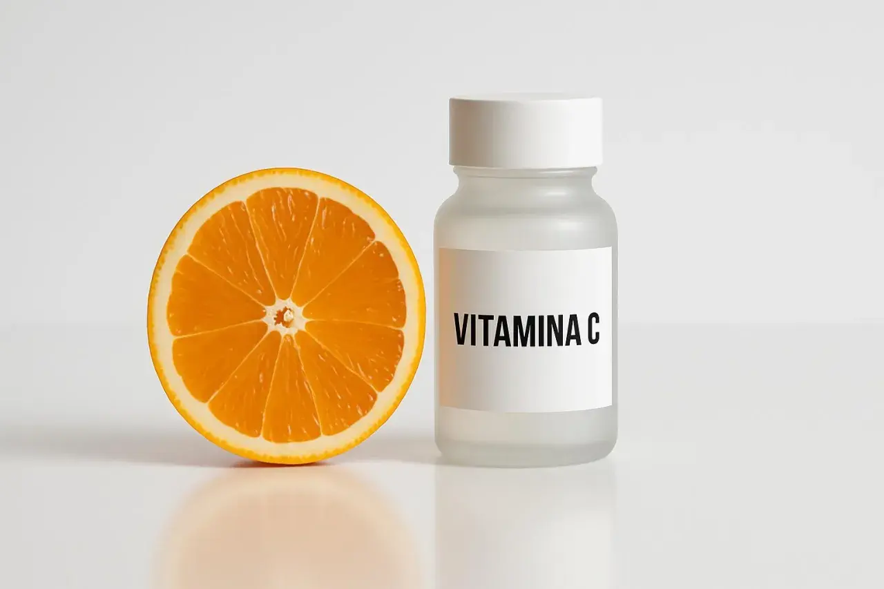 Mezza arancia succosa accanto a un flacone etichettato "VITAMINA C". Ideale per assumere vitamina c 1000 mg al giorno.