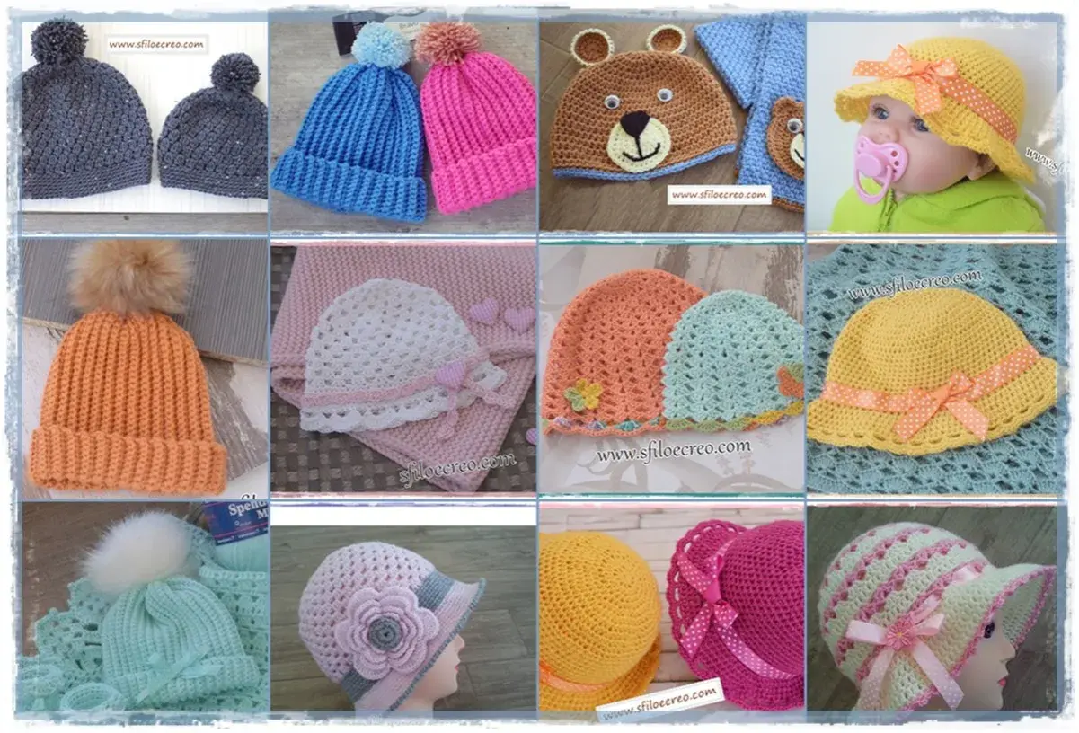 Varietà di cappellini neonato uncinetto: con pompon, a forma di orsetto, con fiocchi e decorazioni floreali.