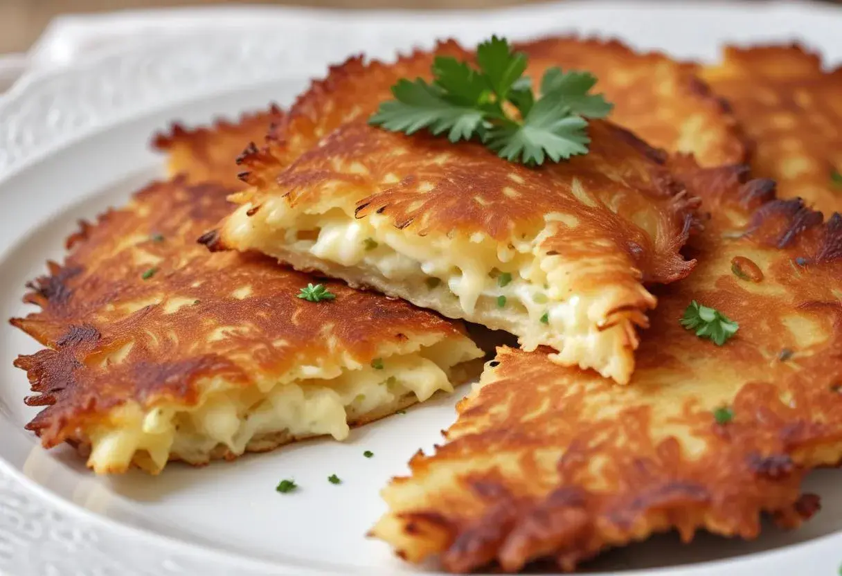 Frittelle di patate dorate e croccanti, un piatto tipico udinese, ripiene di formaggio filante e guarnite con prezzemolo fresco.