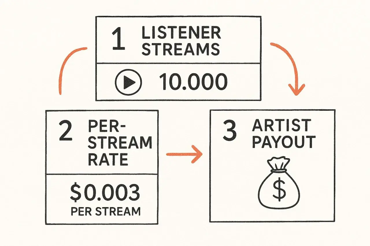 Diagram shows how to make money on Spotify: 10,000 streams at $0.003 per stream equals artist payout.