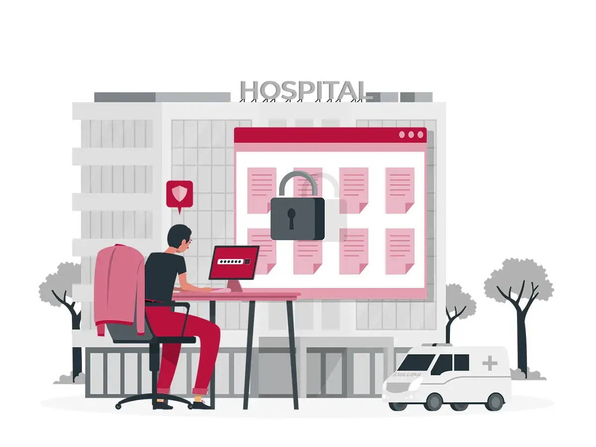 Secure hospital data with thin clients for government. A person logs into a system displaying locked files, with an ambulance outside.
