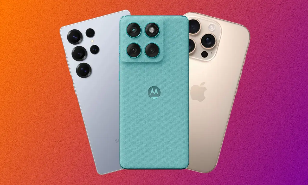 Trzy smartfony: Samsung, Motorola i iPhone, prezentują ranking najlepszych telefonów.