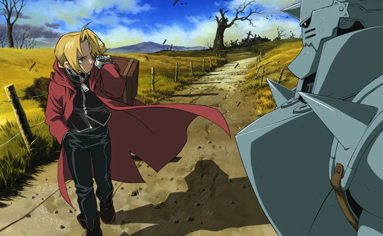 Edward e Alphonse Elric, protagonisti di Fullmetal Alchemist Brotherhood, affrontano un paesaggio desolato. La loro ricerca per recuperare i corpi perduti è al centro della trama.