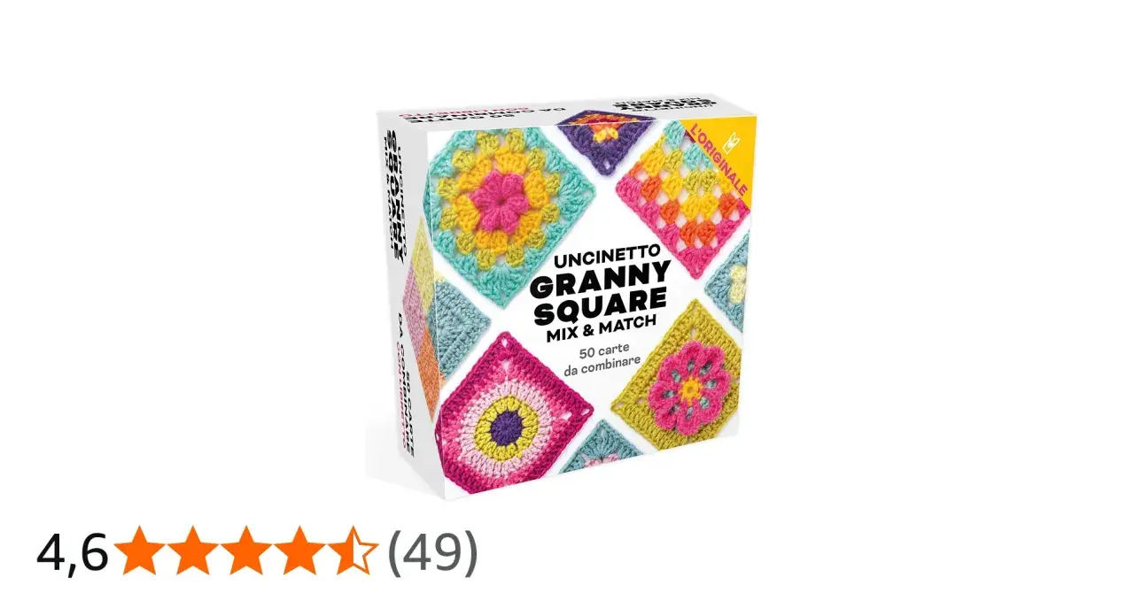 Box of "Uncinetto Granny Square Mix & Match" cards featuring colorful crochet squares.