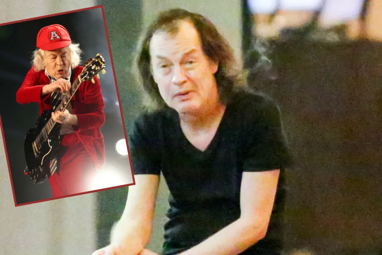 Angus Young, legendarny gitarzysta AC/DC, w czerwonym stroju i z gitarą. Obok jego zdjęcie z bliska.