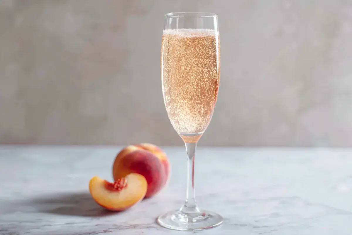 Ett glas bubblig Bellini drink med persika bredvid.