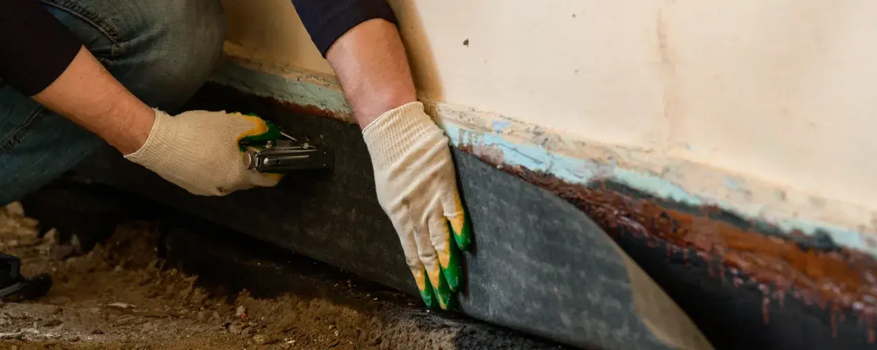 Hände mit Handschuhen befestigen eine schwarze Folie an einer Wand. Dies ist eine vertikalsperre von innen, um Feuchtigkeit fernzuhalten.