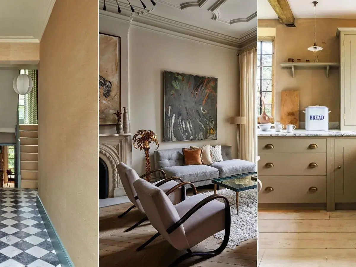 A triptych showcasing neutral interior design: a checkered entryway, a living room with a grey sofa and abstract art, and a kitchen with sage green cabinets.