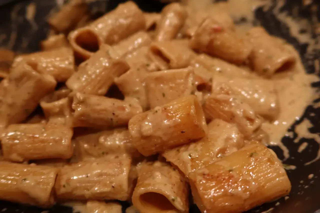 En närbild på rigatoni pasta i en krämig ost och skinksås. Pastan är täckt av såsen som ser smakrik ut.