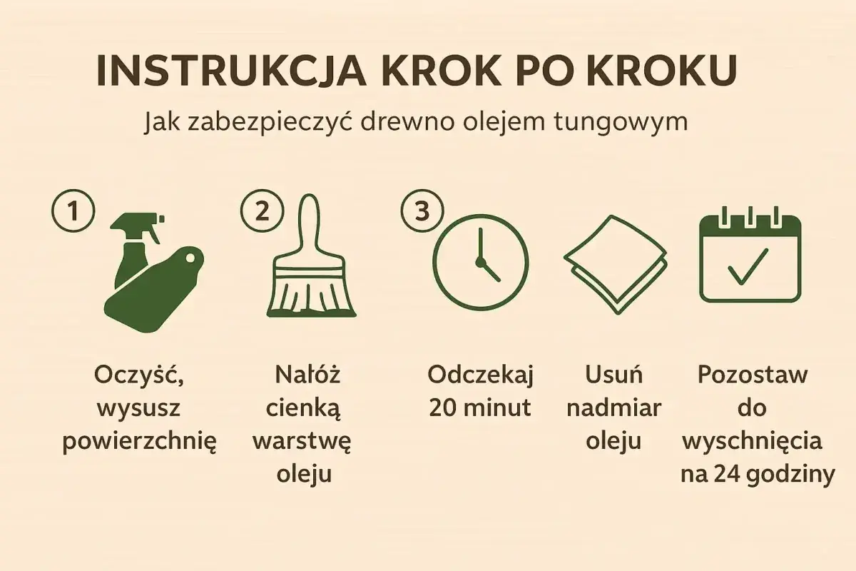 Instrukcja krok po kroku: oczyść, nałóż olej, odczekaj 20 minut, usuń nadmiar, pozostaw do wyschnięcia. Idealne olejowanie drewna.