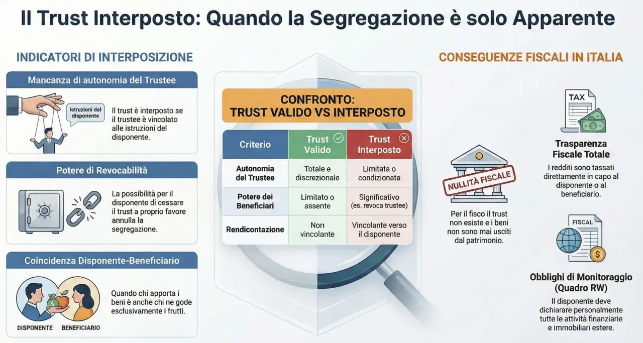 Infografica su trust interposto, confronto con trust valido, indicatori di interposizione e conseguenze fiscali in Italia. Utile per pianificazione successoria e fondo fiduciario vivente.
