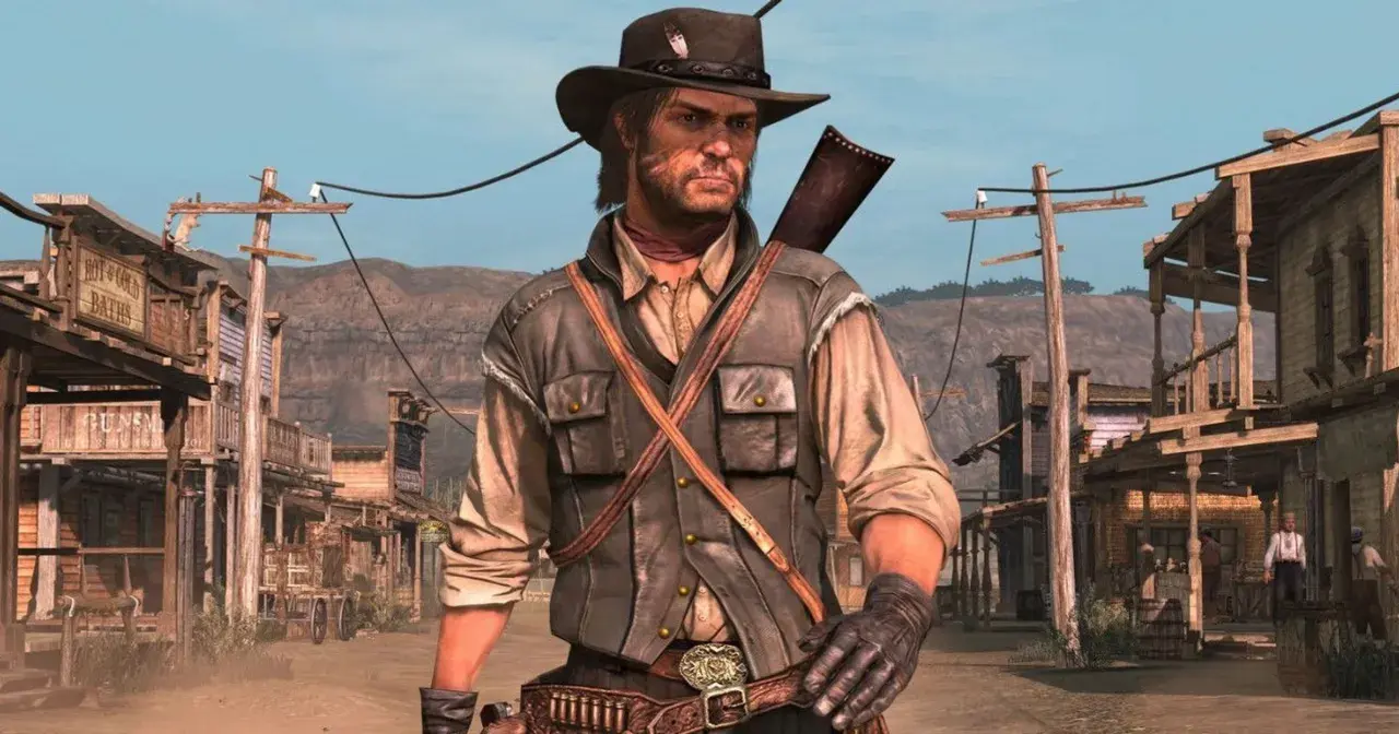 John Marston w kapeluszu i kamizelce, gotowy na przygody w Red Dead Redemption 1 PS5.