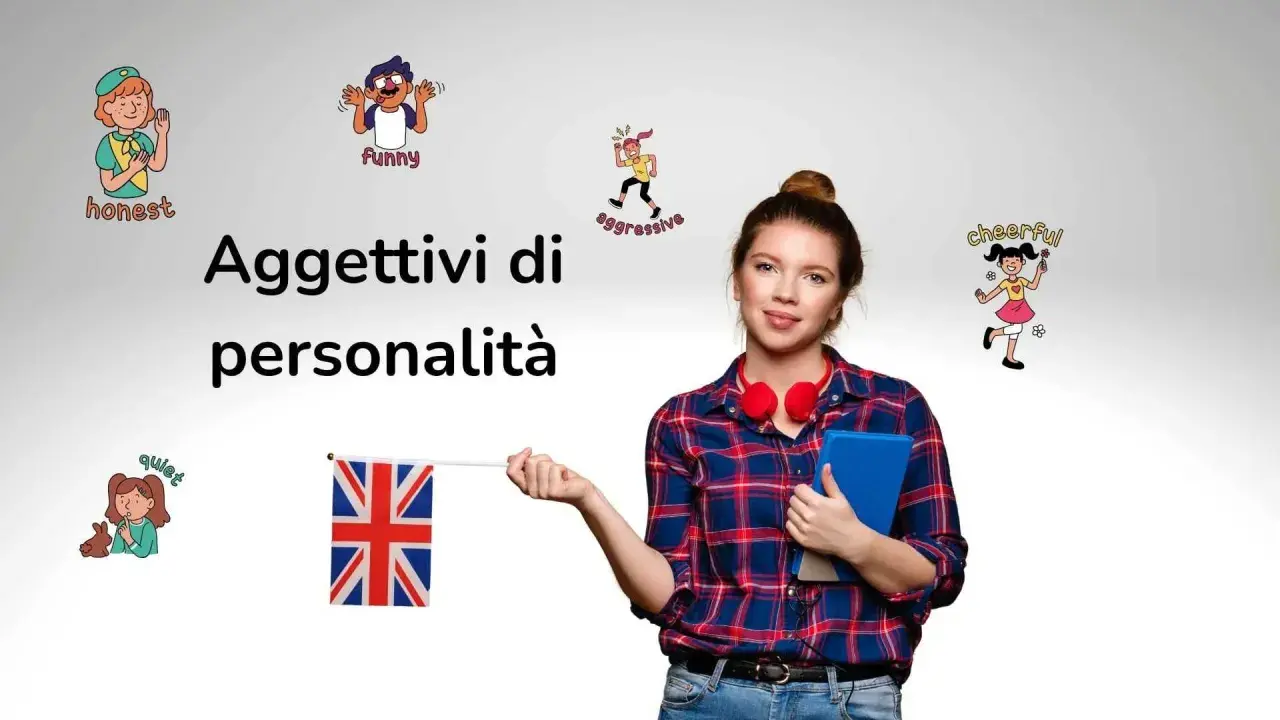 Ragazza con libro e bandiera UK, circondata da illustrazioni di aggettivi belli in inglese: honest, funny, aggressive, cheerful, quiet.