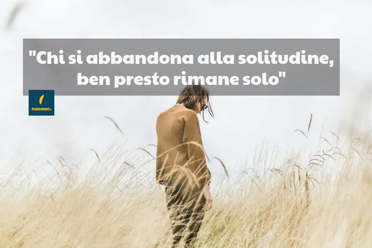 Una persona sola in un campo di erba alta, con la scritta "Chi si abbandona alla solitudine, ben presto rimane solo". Mi sento così, non ho amici.
