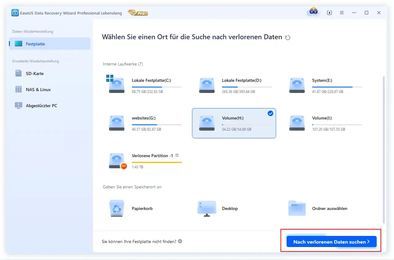 EaseUS Data Recovery Wizard zeigt interne Laufwerke an. Eine "Verlorene Partition" ist sichtbar, was auf eine nicht initialisierte Festplatte hindeuten könnte.