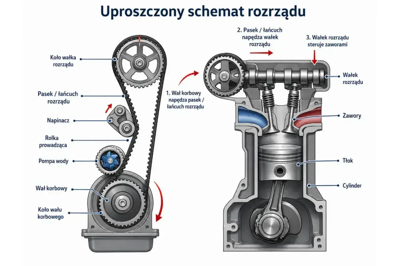 Schemat rozrządu silnika. Awaria rozrządu objawy mogą być poważne, gdy pasek lub łańcuch napędza wałek rozrządu i steruje zaworami.