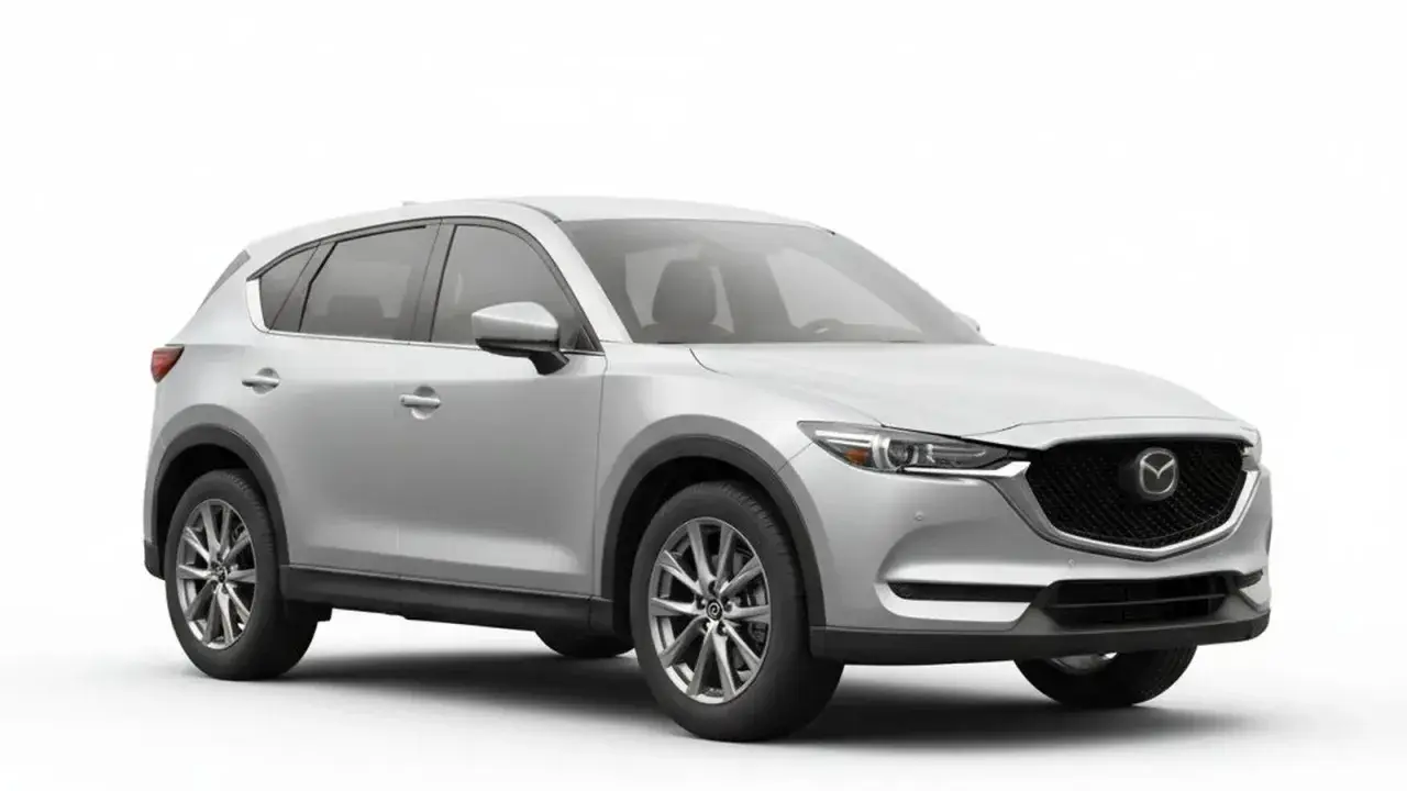 Srebrna Mazda CX-5 na białym tle. Sprawdź aktualną mazda cx-5 cena i wybierz swój wymarzony SUV.