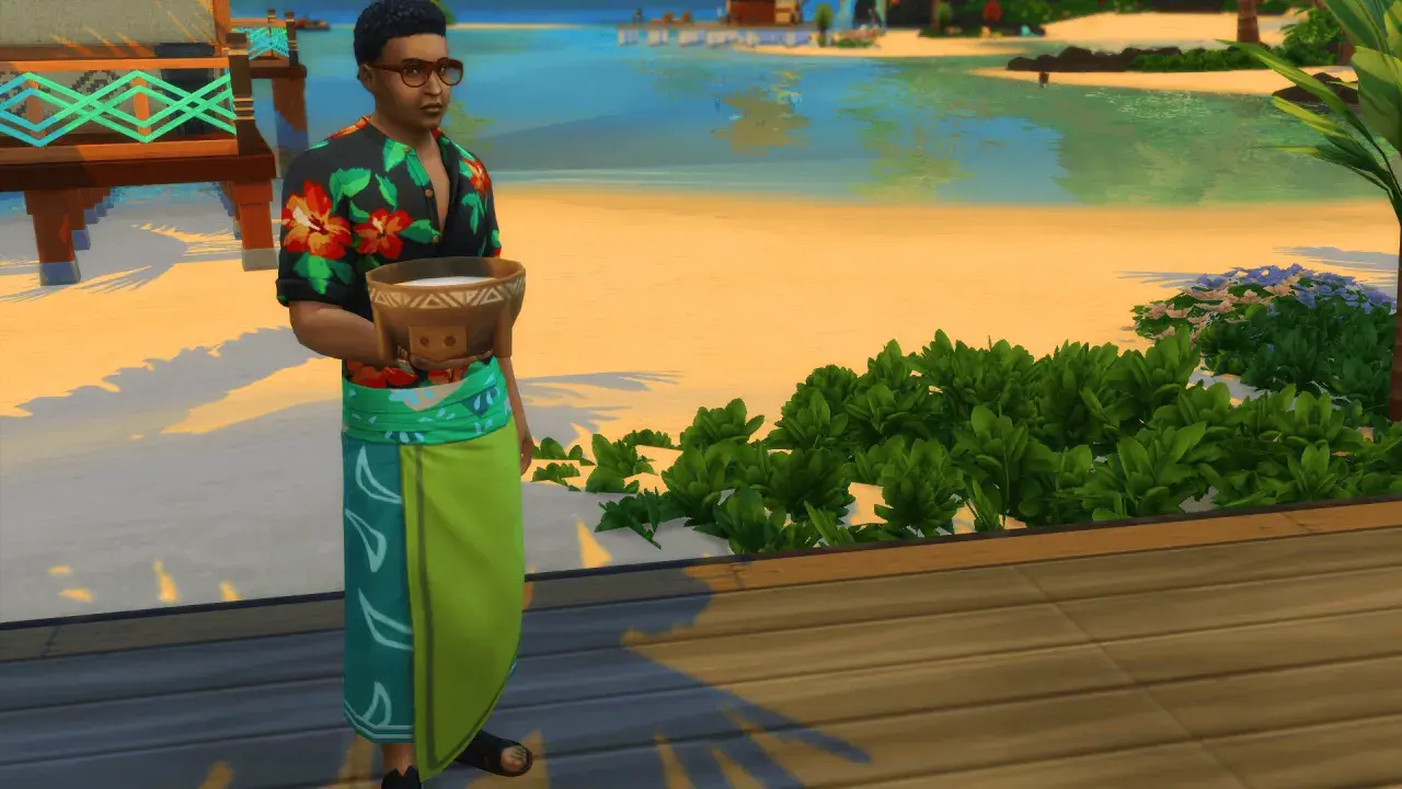 Sim z miską na plaży, jak zrobić staw w The Sims 4. Tropikalny krajobraz z wodą i piaskiem.