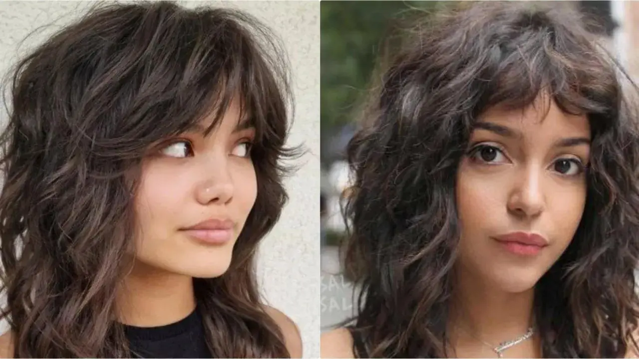 Dos mujeres con un moderno corte shaggy en capas, cabello castaño oscuro y ondulado, con flequillo desordenado.