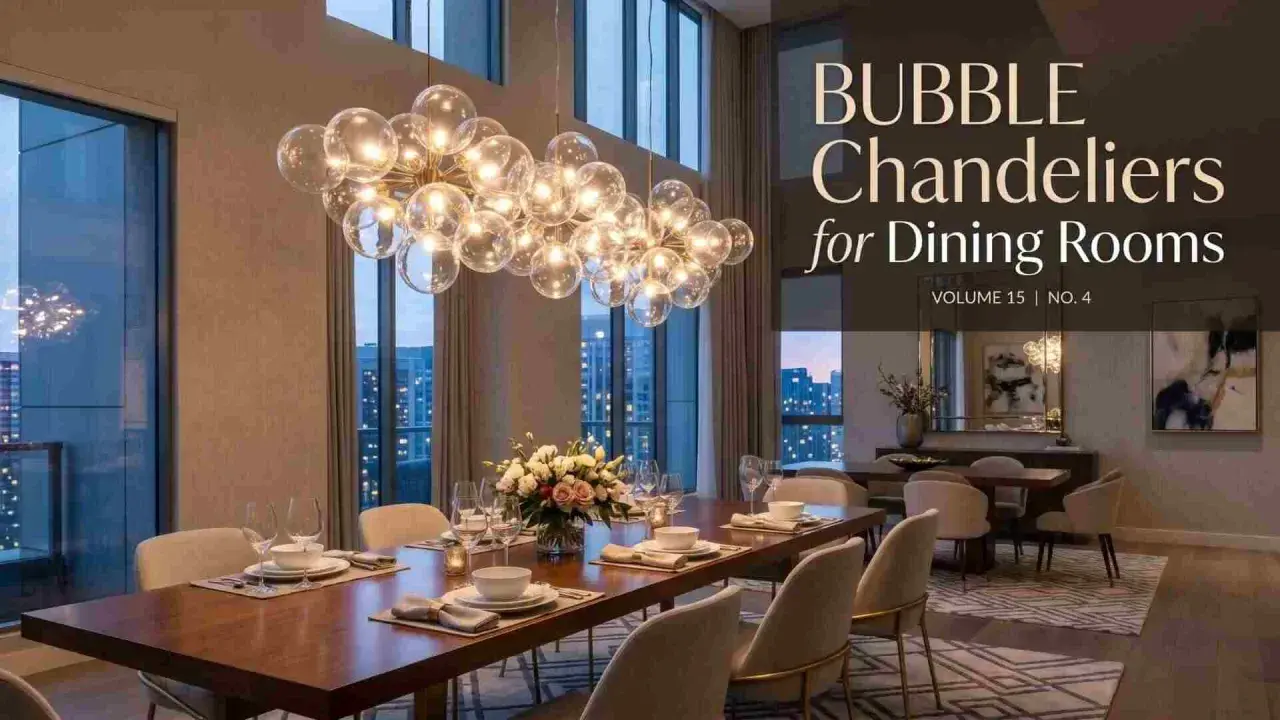 Elegante comedor con una lámpara de burbujas de cristal que ilumina la mesa puesta.