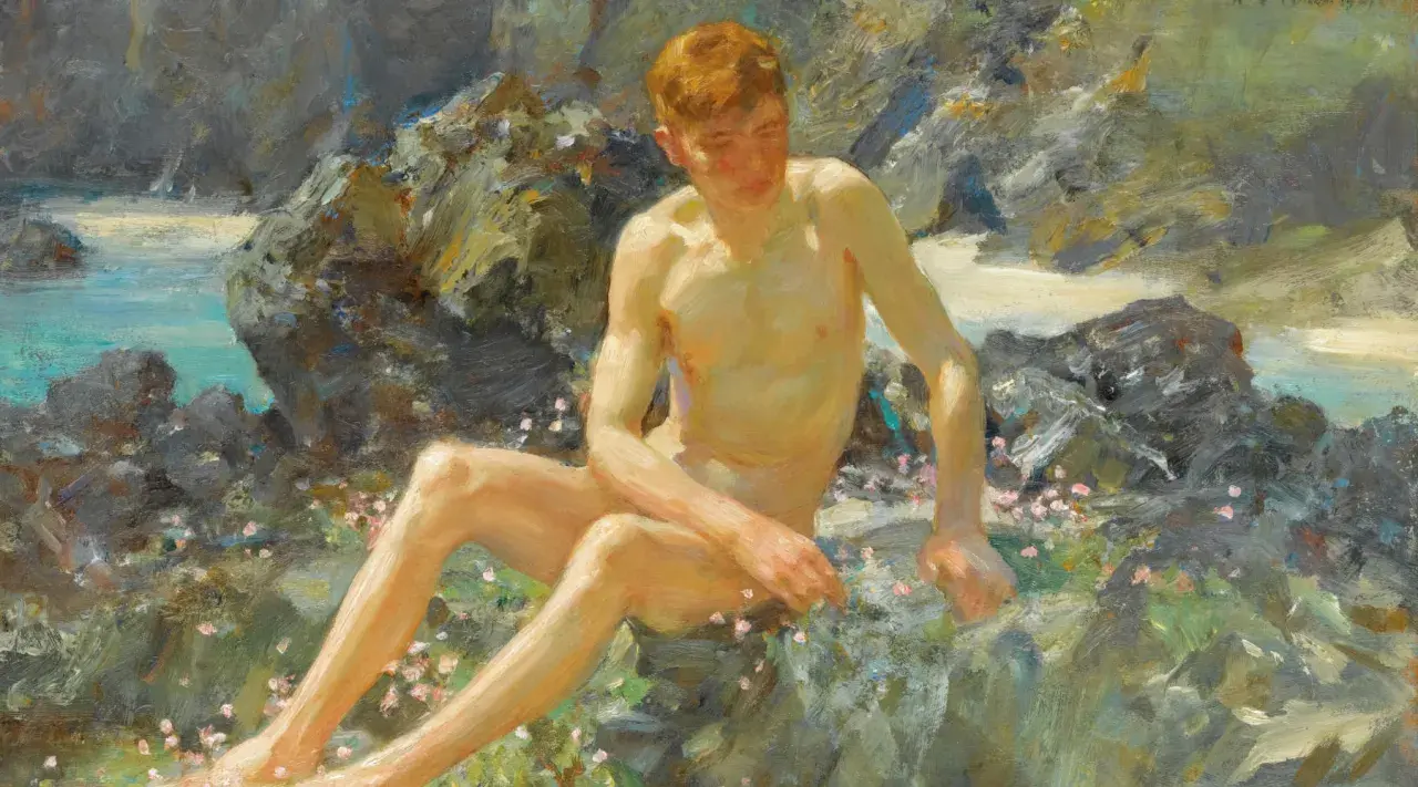 A young man with red hair sits on rocks by the sea, a characteristic subject in Henry Scott Tuke paintings, bathed in sunlight.