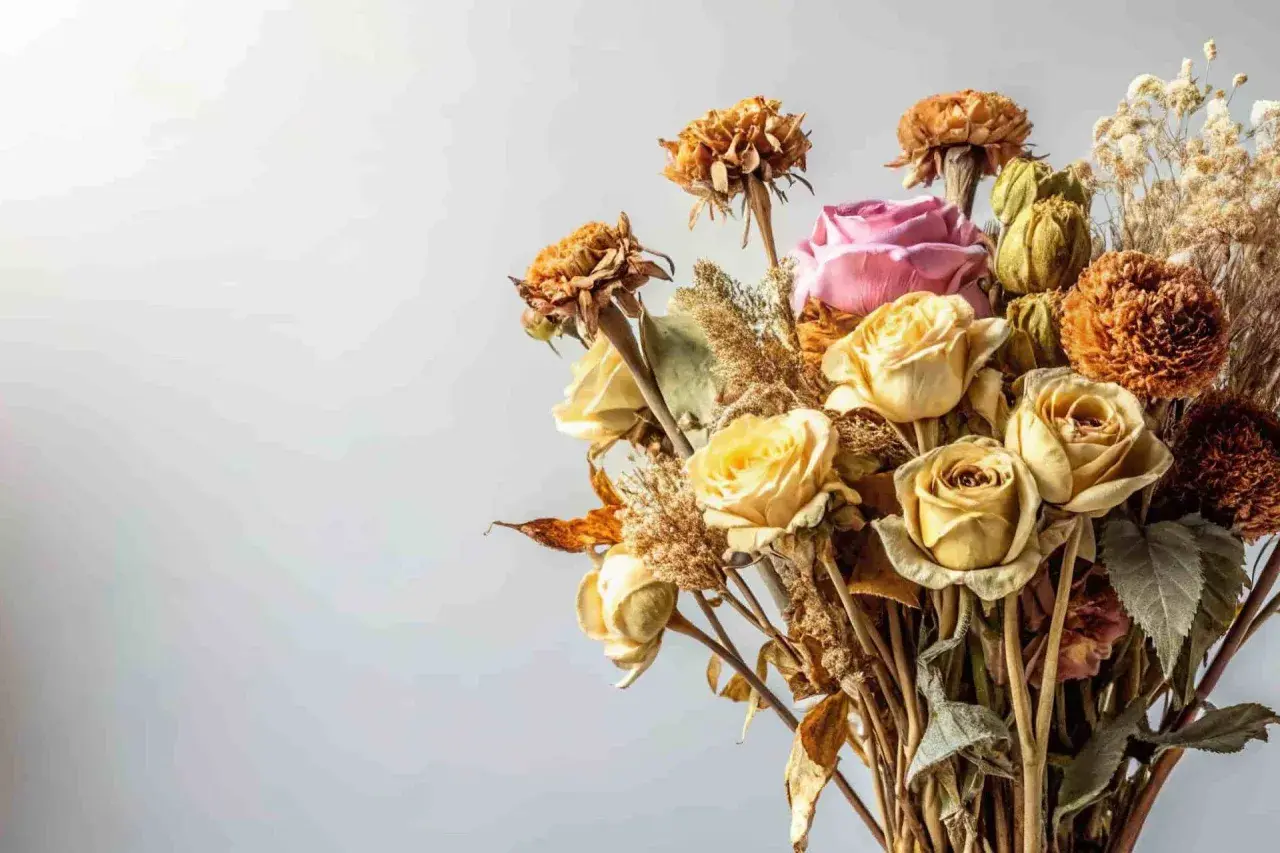 Un ramo de rosas amarillas y una rosa rosa, con flores secas y espigas, muestra cómo secar un ramo de flores para conservarlo.