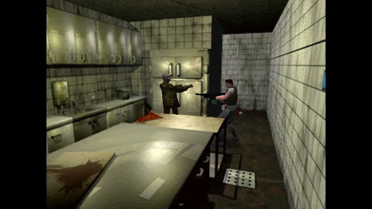 Mroczny korytarz, zombiak i uzbrojony bohater. Klasyczny survival horror.