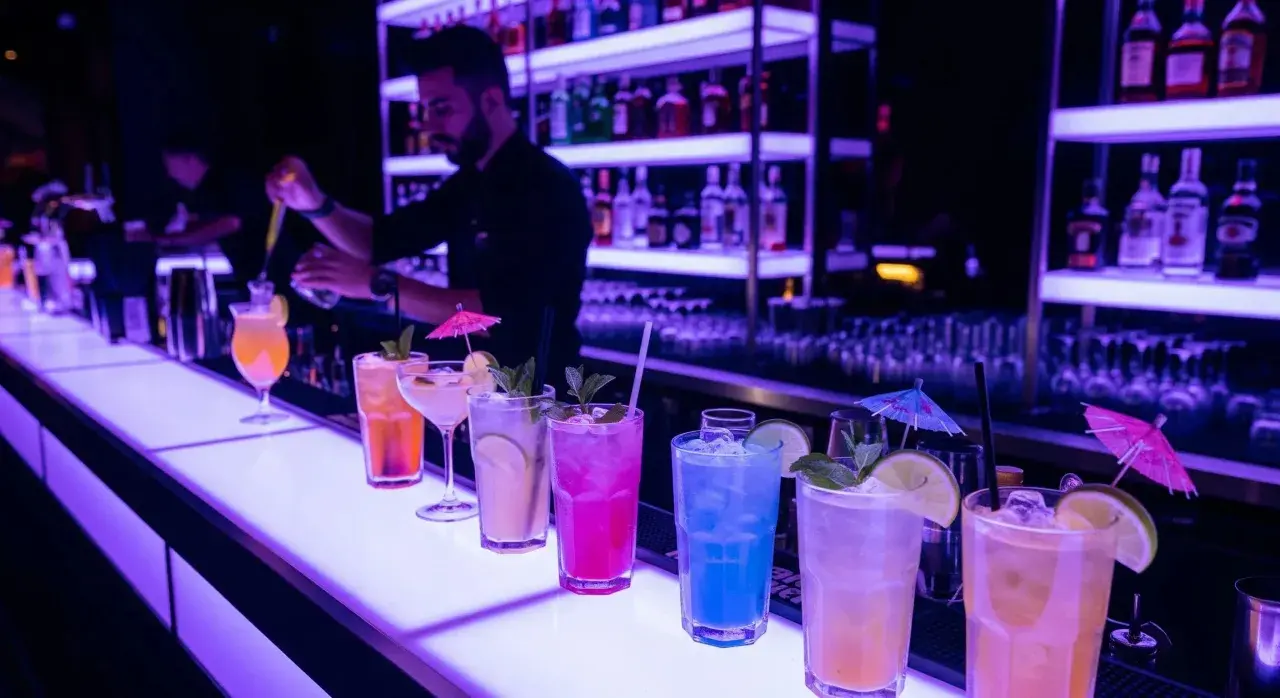 Kolorowe drinki na barze, barman przygotowuje kolejny. Idealne miejsce na relaks i smakowanie wyśmienitego **alkoholu** na **Malcie**.