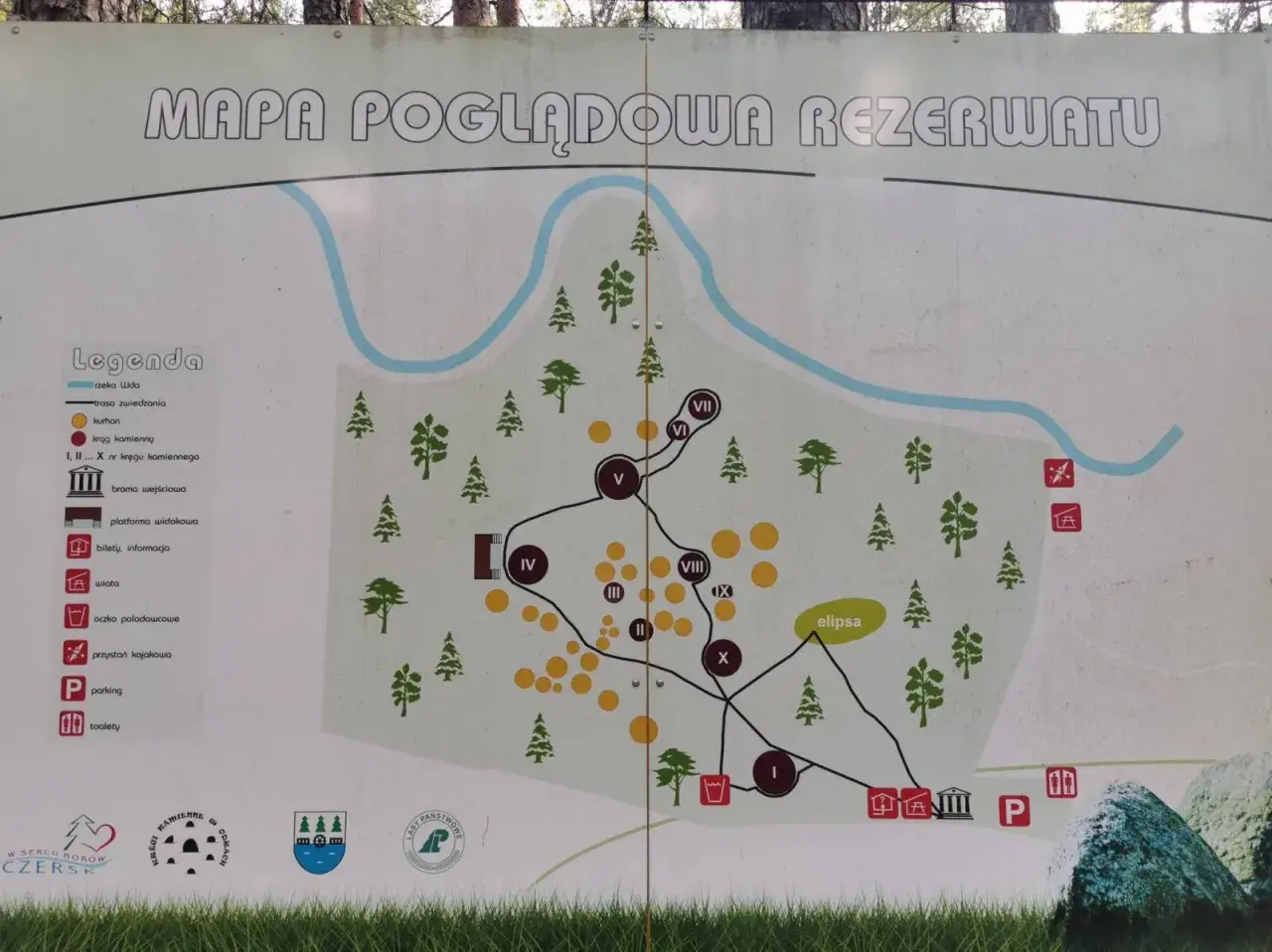 Mapa rezerwatu w Czersku z zaznaczonymi atrakcjami: kręgami kamiennymi, kurhanami, rzeką Wdą i trasami zwiedzania.