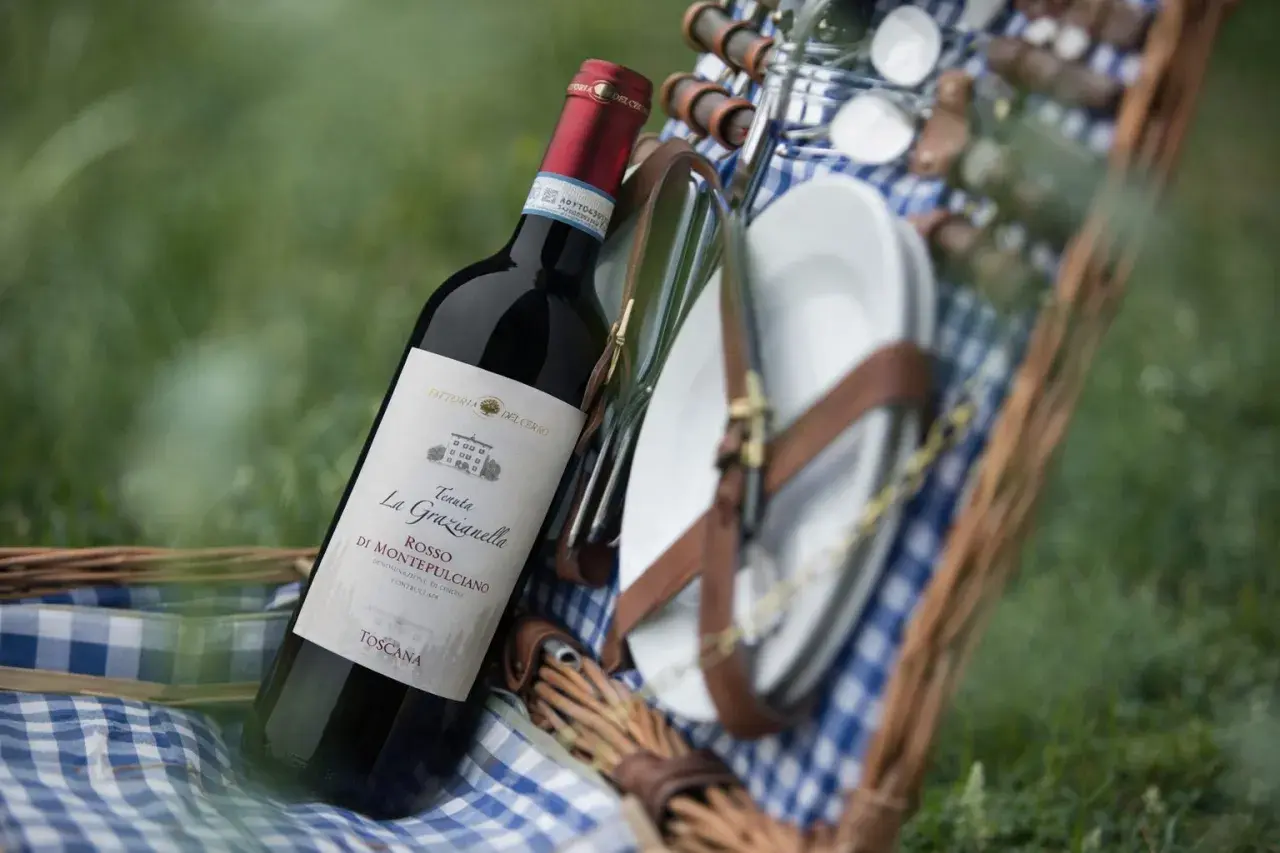 Cesto da picnic con bottiglia di vino rosso, probabilmente da uve sangiovese, e piatti.