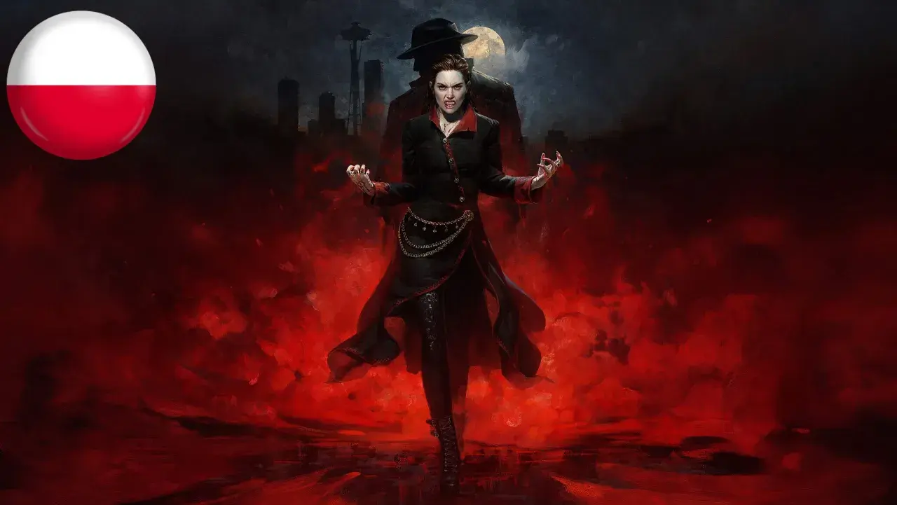 Wampirzyca z kłami na tle miasta i księżyca. Polska flaga. Vampire the Masquerade Bloodlines spolszczenie.