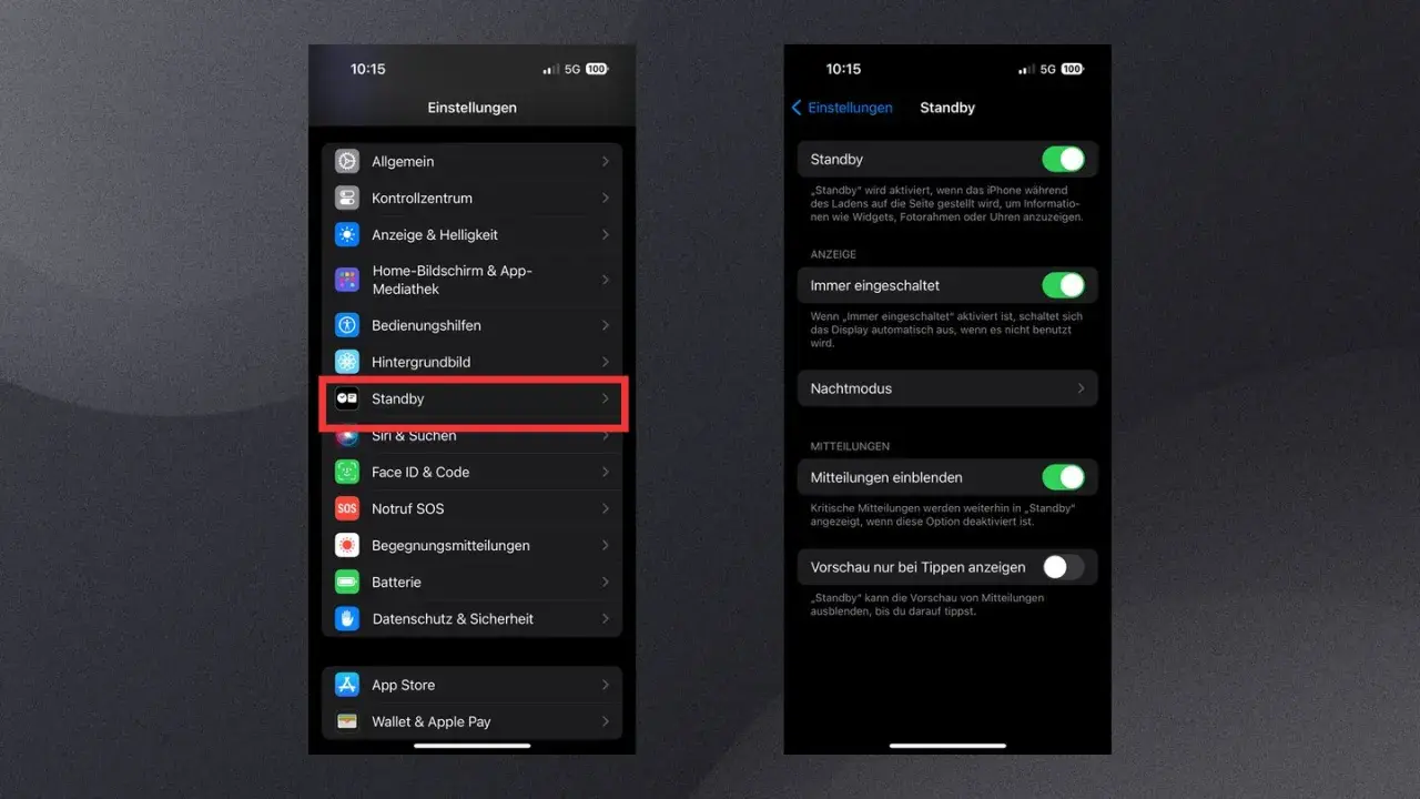 iPhone-Einstellungen: Standby-Modus aktivieren, um Widgets, Fotorahmen oder Uhren anzuzeigen, wenn das Gerät lädt.