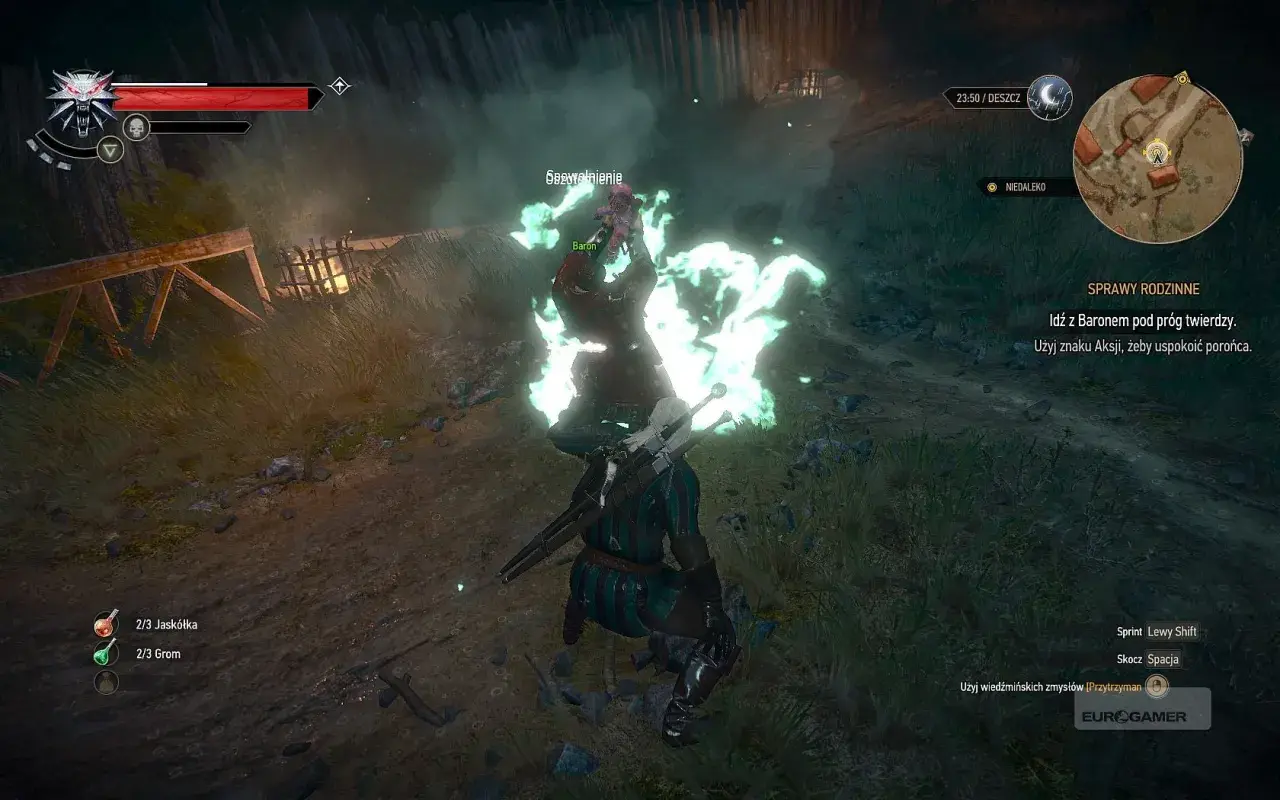 Geralt walczy z potężnym poroniecem w Wiedźmin 3. Baron próbuje go uspokoić.