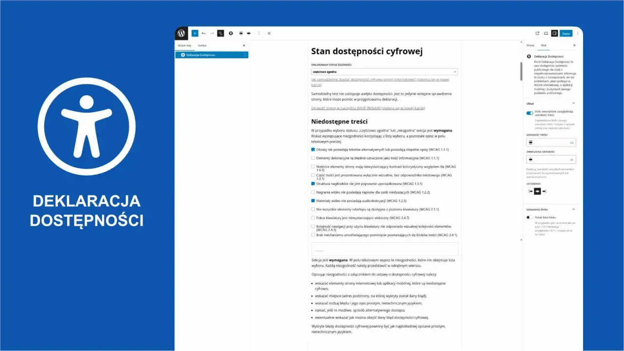 Deklaracja dostępności cyfrowej strony internetowej, stan zgodności i niedostępne treści.