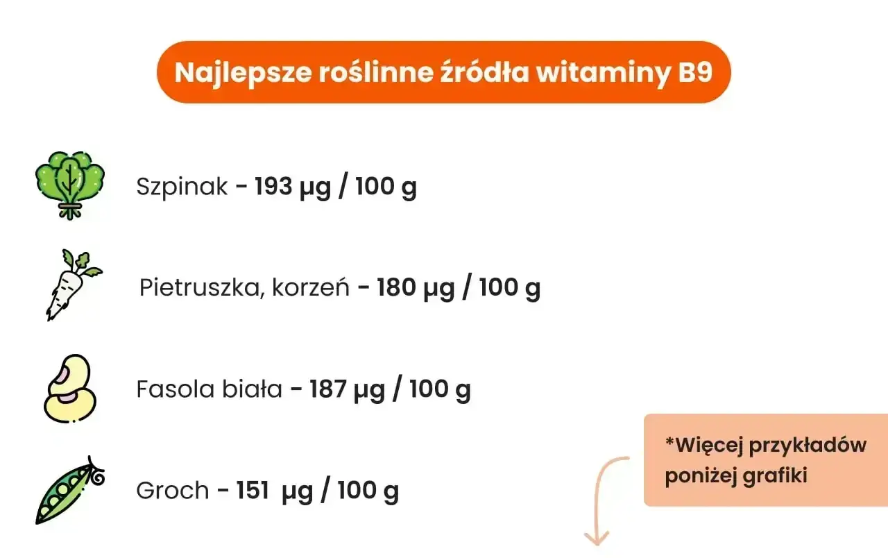 Grafika przedstawia listę najlepszych roślinnych źródeł witaminy B9: szpinak, pietruszka, fasola biała i groch.