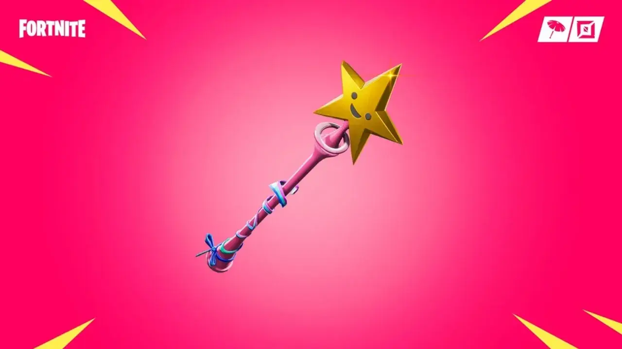 Różdżka Fortnite ze złotą gwiazdką i uśmiechniętą buźką. Idealna do magicznych zwycięstw!