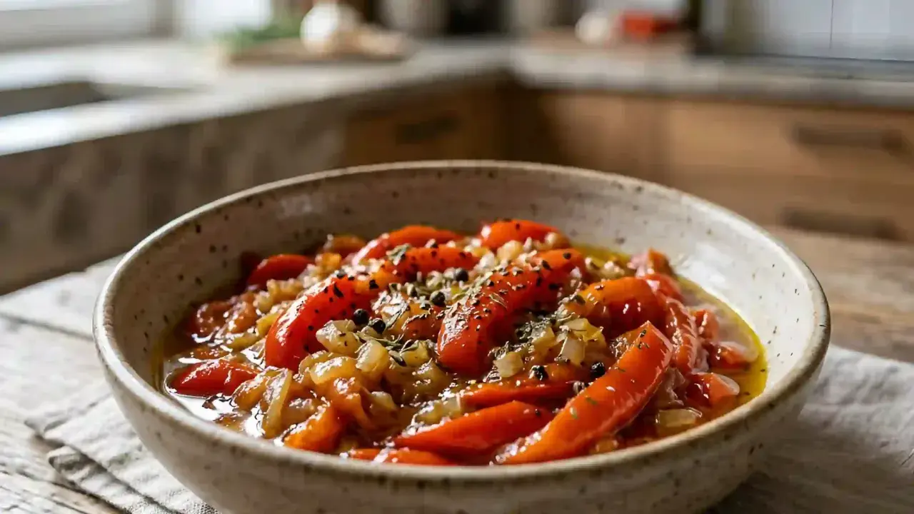 Délicieuse recette poivron vert : poivrons rouges rôtis, oignons et herbes dans un bol rustique.