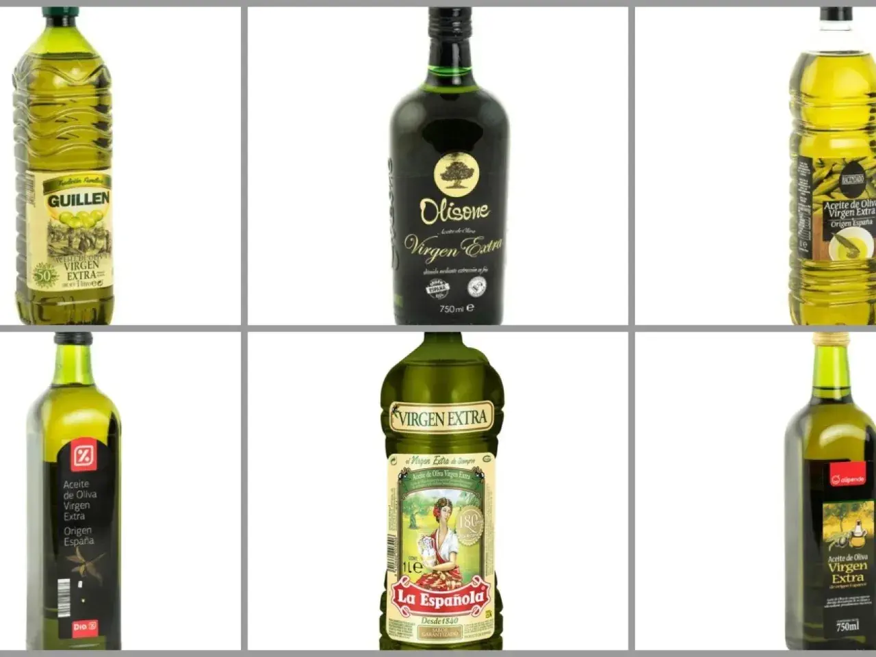 Seis botellas de aceite de oliva virgen extra, perfectas para untar o cocinar. Varias marcas como Guillen, Olisone y La Española.
