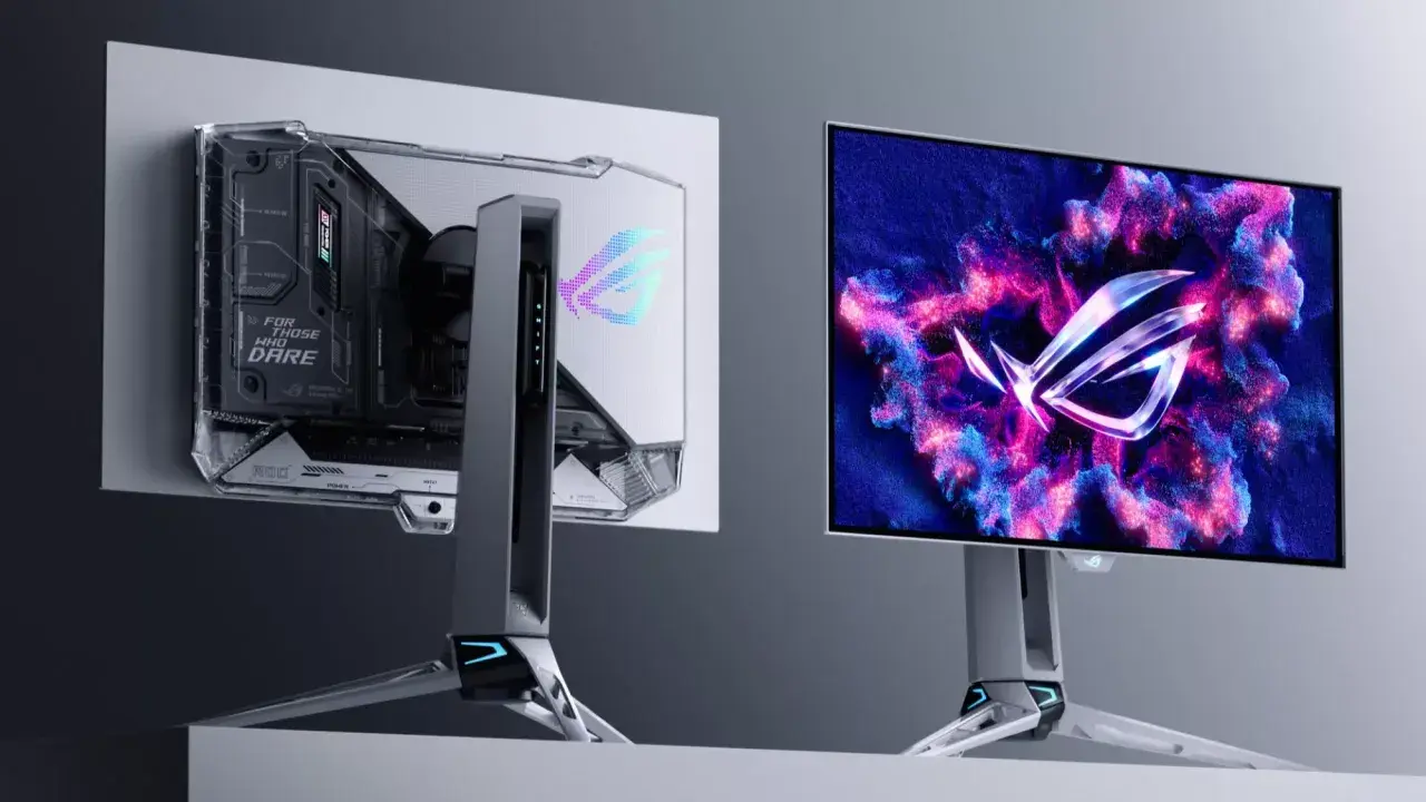 Zwei ROG-Monitore, einer mit transparentem Gehäuse und der andere mit einem leuchtenden ROG-Logo. Sie fragen sich, wie viel FPS das Auge hat?