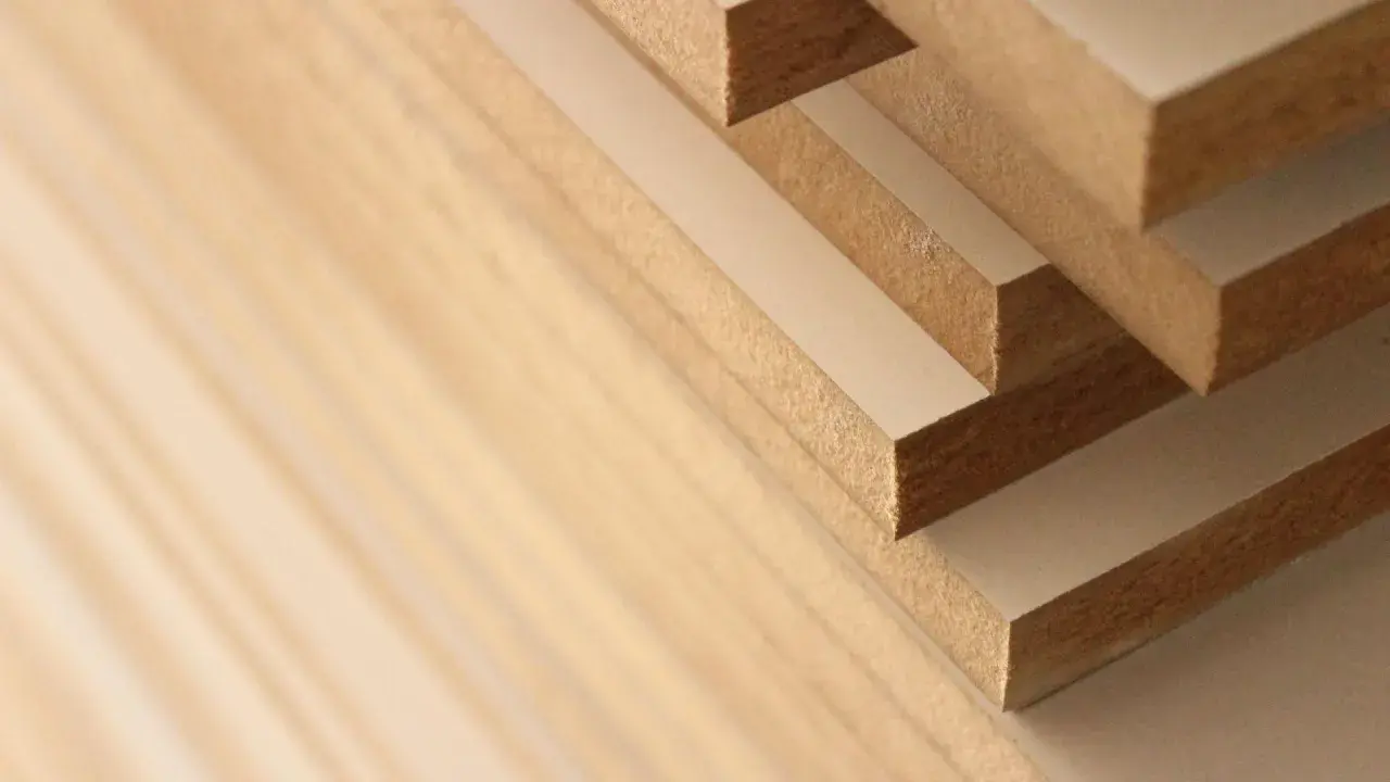 Stack of solid mdf boards, showing their layered construction and fine texture.