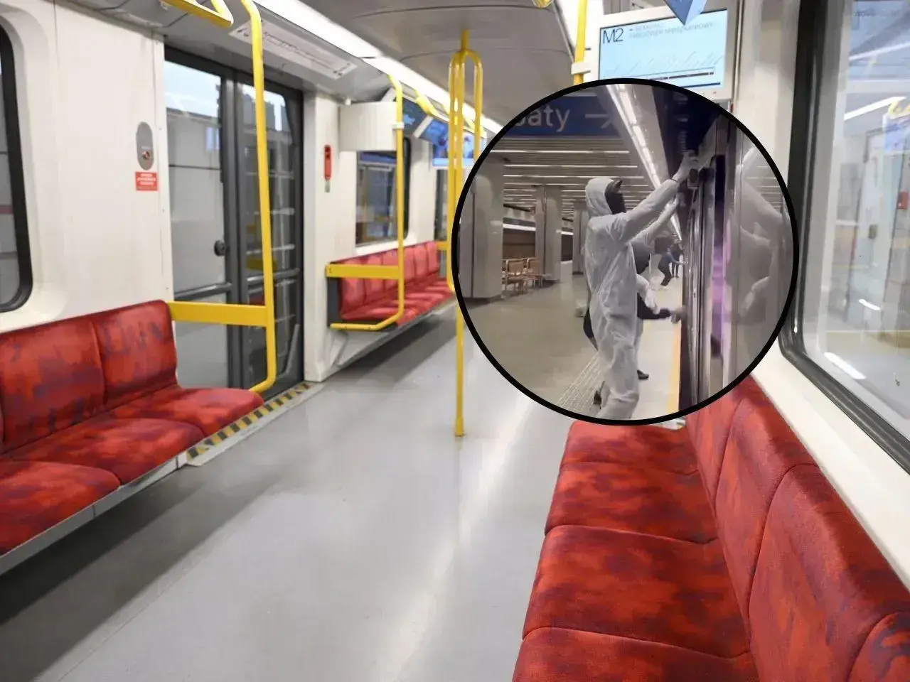Wnętrze pustego wagonu metra na trasie M2. W okręgu pracownik w kombinezonie dezynfekuje drzwi.