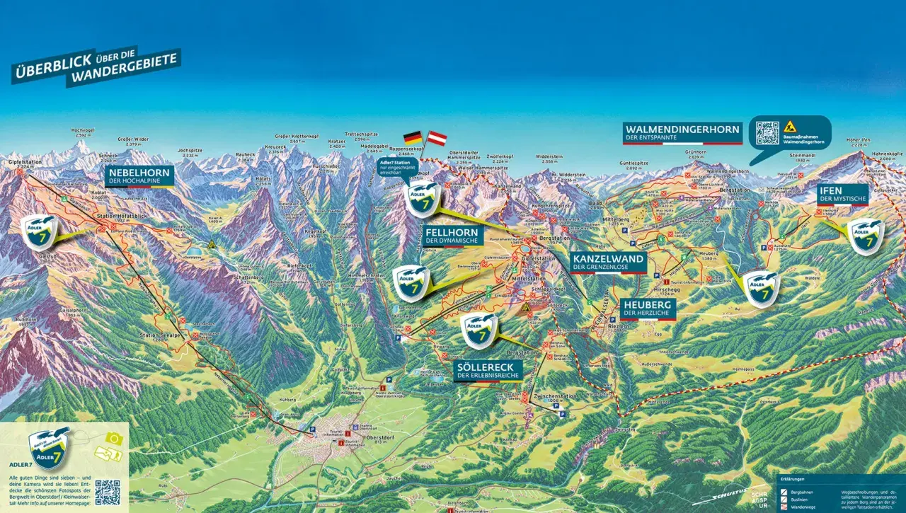 Die Kleinwalsertal Karte zeigt Wanderrouten, Berggipfel und Seilbahnen. Adler 7-Symbole markieren besondere Aussichtspunkte.
