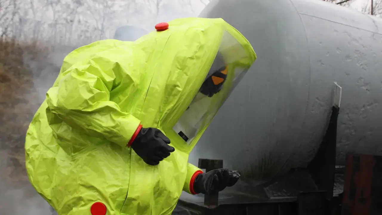 Person in a bright yellow hazmat suit with a clear visor, standing next to a large grey tank.