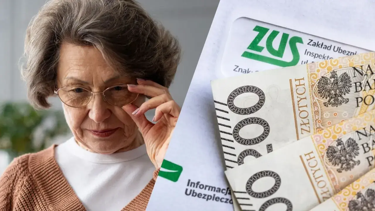 Starsza pani z okularami analizuje dokumenty ZUS i polskie banknoty. Czy to dodatek do renty socjalnej?