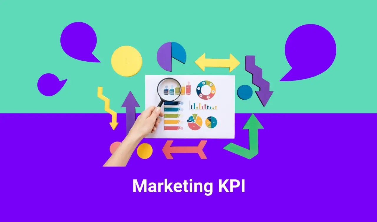 Analisi dei KPI di marketing: grafici, frecce e bolle di dialogo illustrano il significato dei KPI per il successo.