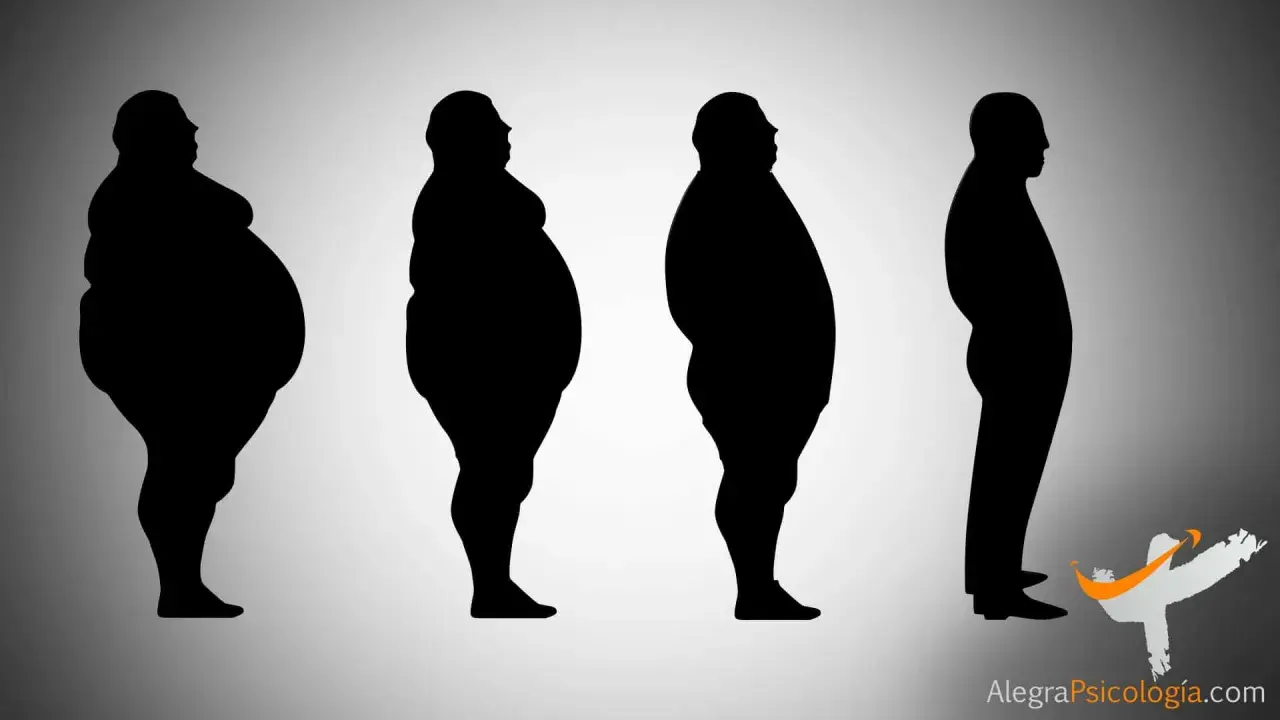 Siluetas humanas muestran la progresión de la diferencia entre sobrepeso y obesidad, desde un cuerpo muy obeso hasta uno con peso saludable.