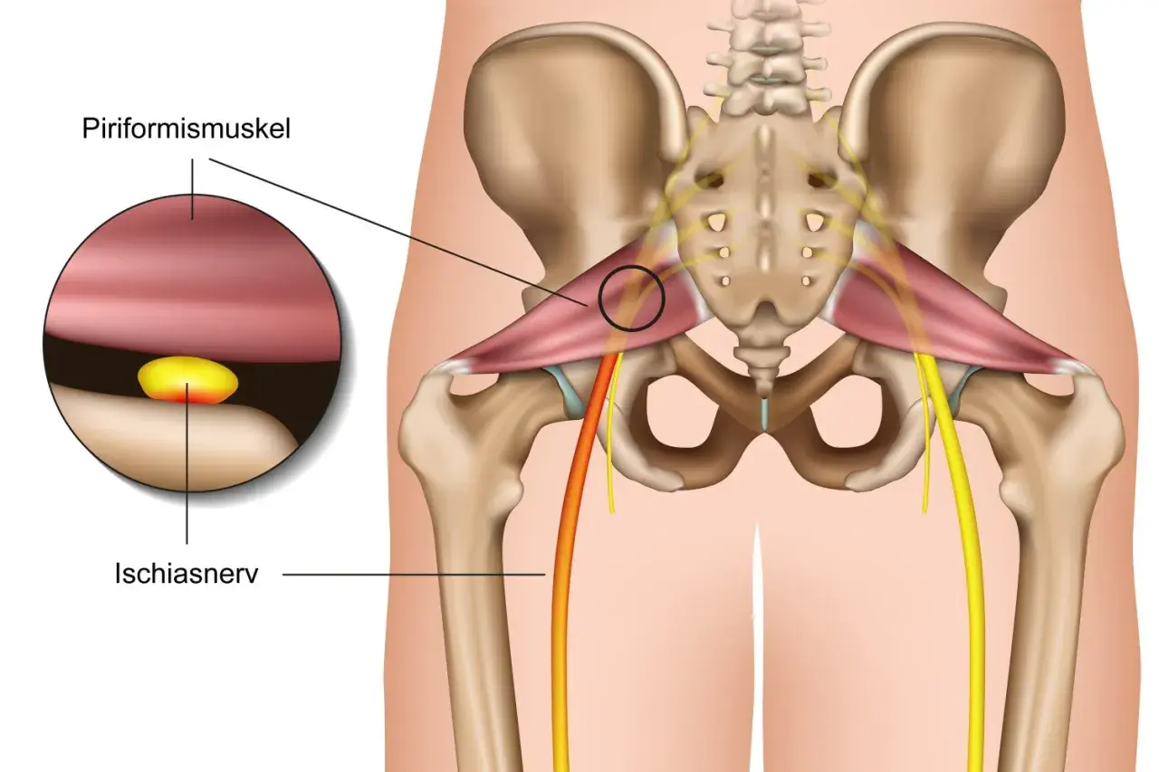Piriformis-Muskel drückt auf Ischiasnerv, Ursache für Ischias Schmerz. Detailansicht zeigt Nerveneinklemmung.